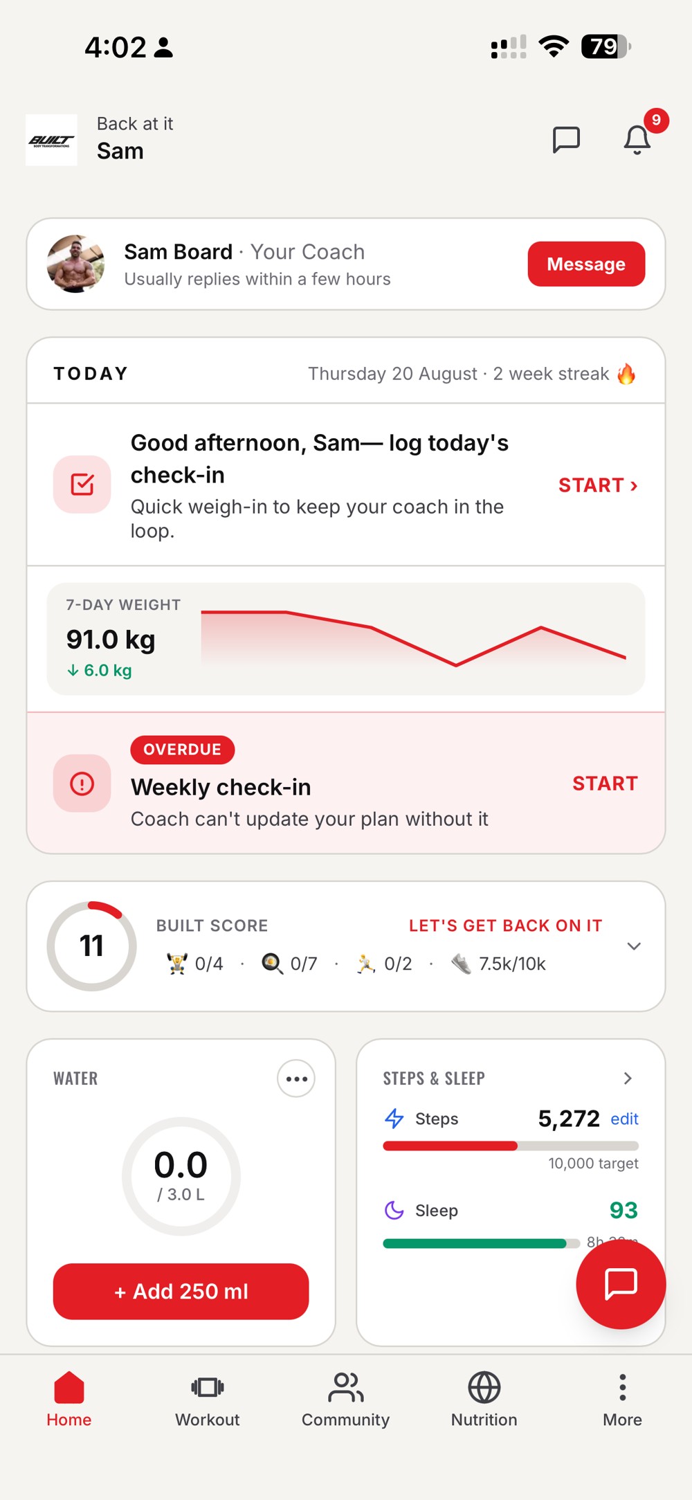 The BUILT client app home screen, weight trend, check-in, score, water, steps and sleep