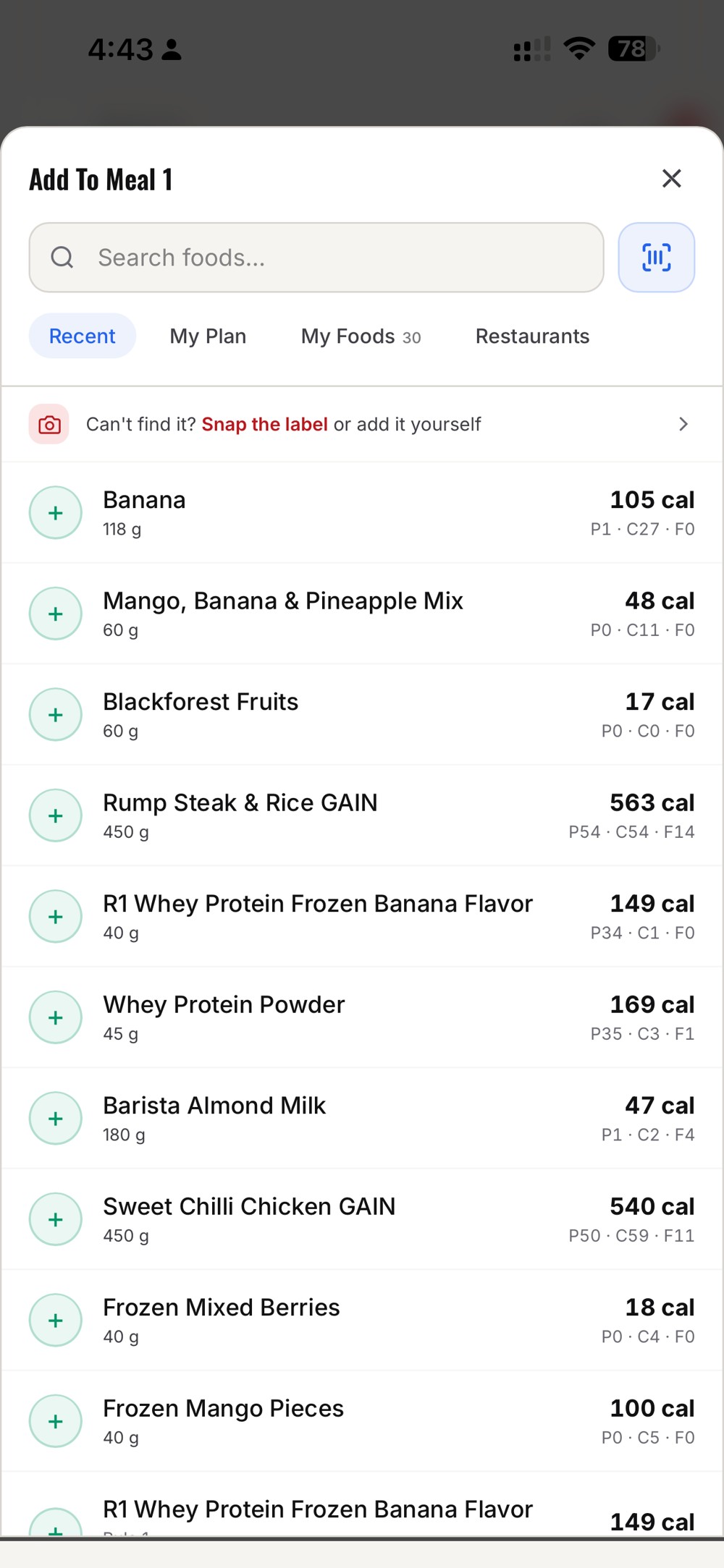 Food logging in the client app, search, barcode scanner and a full food database