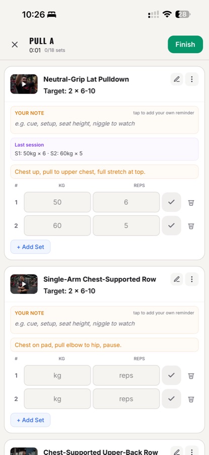 Workout logging in the client app, targets, weights, reps and coach cues