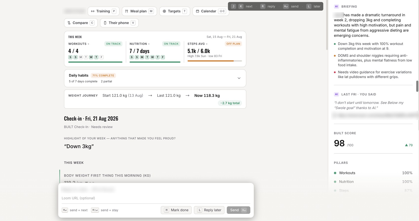 The check-in queue, the client's week, AI briefing and fast keys on one screen