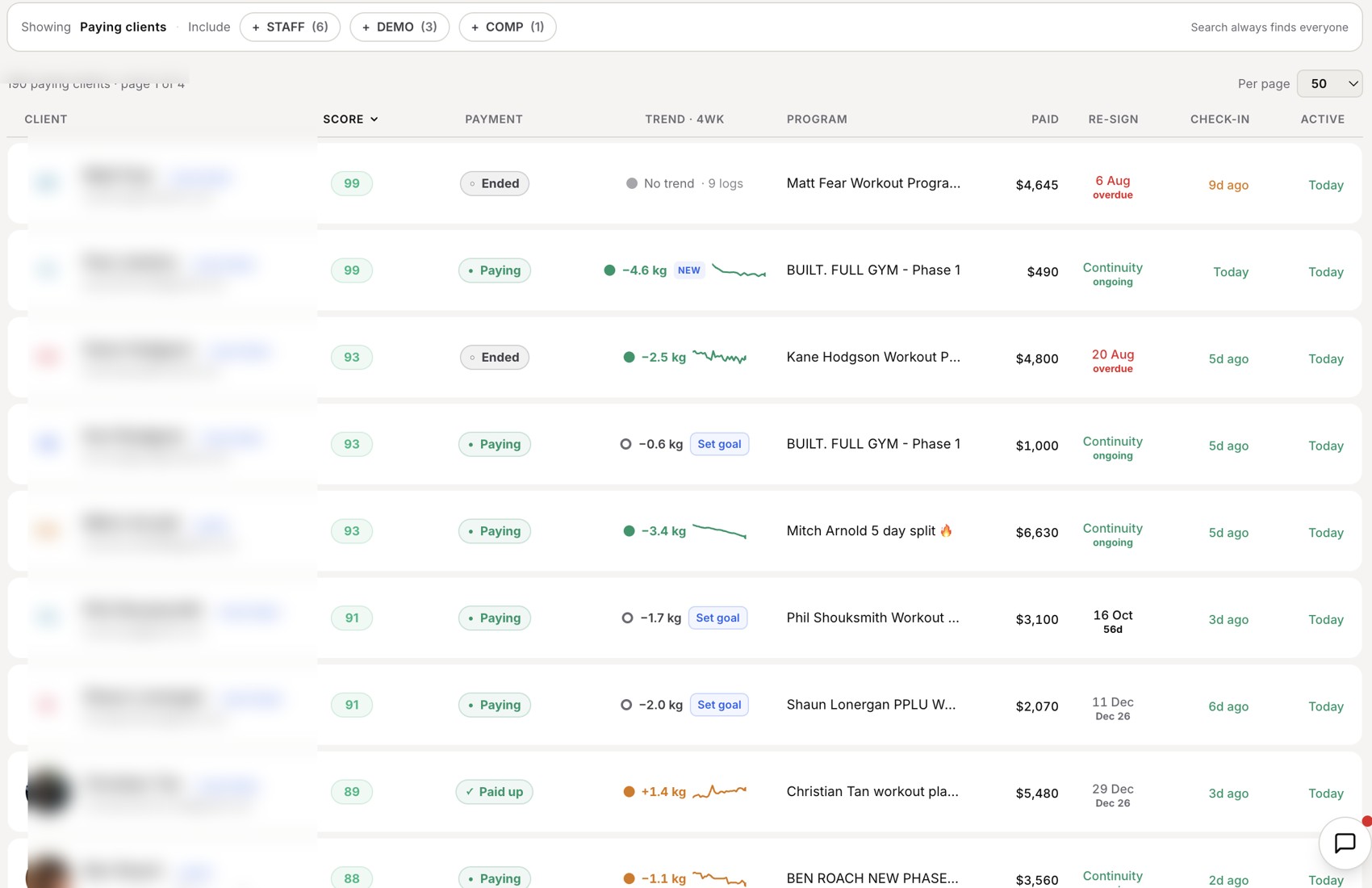 The coach-side client list, every client health-scored, payment status and check-ins visible at a glance
