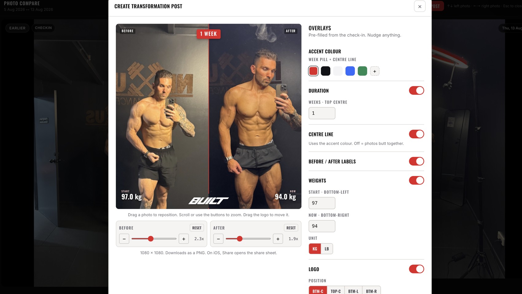 Create Post, a client comparison becomes a branded post inside the app